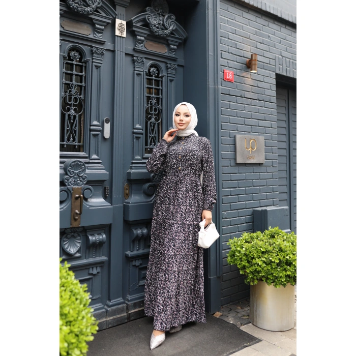 KADIN Siyah %100 Viskon Pamuklu Belden Bağlamalı Gül Desen-Kat Kat Tesettür Elbise Gd124