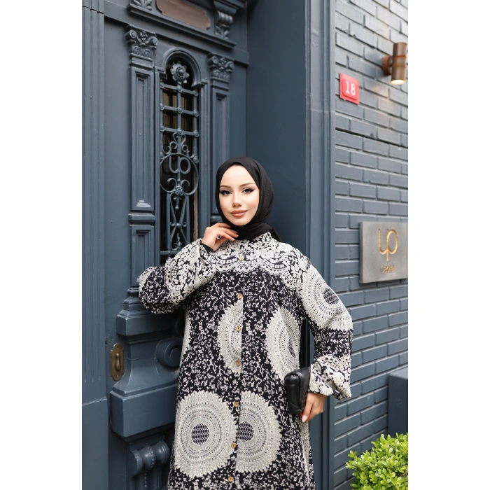 KADIN Siyah %100 Viskon Pamuklu Boydan Düğmeli Etnik Desen Bol Kesim Tesettür Elbise E742