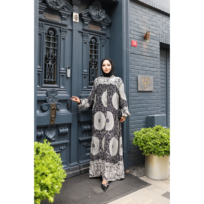 KADIN Siyah %100 Viskon Pamuklu Boydan Düğmeli Etnik Desen Bol Kesim Tesettür Elbise E742