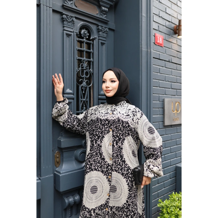 KADIN Siyah %100 Viskon Pamuklu Boydan Düğmeli Etnik Desen Bol Kesim Tesettür Elbise E742