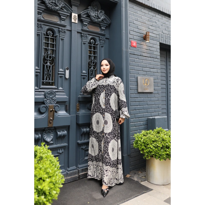 KADIN Siyah %100 Viskon Pamuklu Boydan Düğmeli Etnik Desen Bol Kesim Tesettür Elbise E742