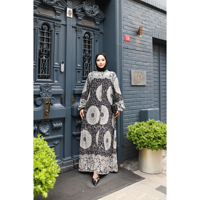 KADIN Siyah %100 Viskon Pamuklu Boydan Düğmeli Etnik Desen Bol Kesim Tesettür Elbise E742