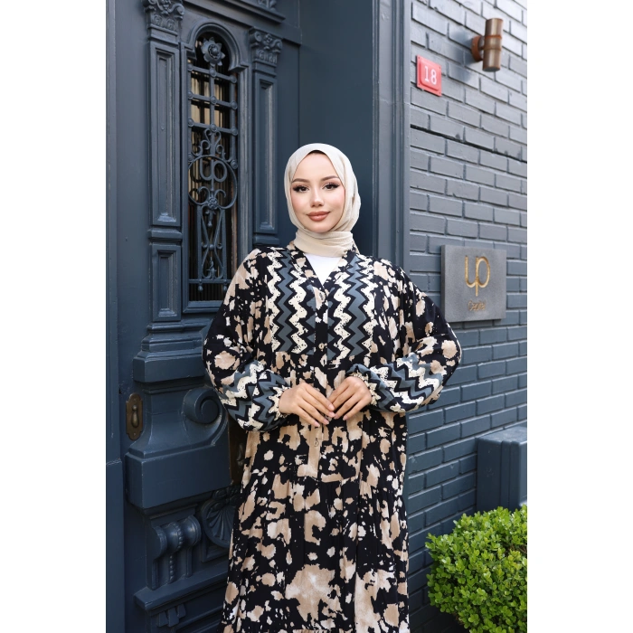 Kadın Siyah %100 Viskon Pamuklu V Yaka Alaçatı Model Kat Kat Elbise V895