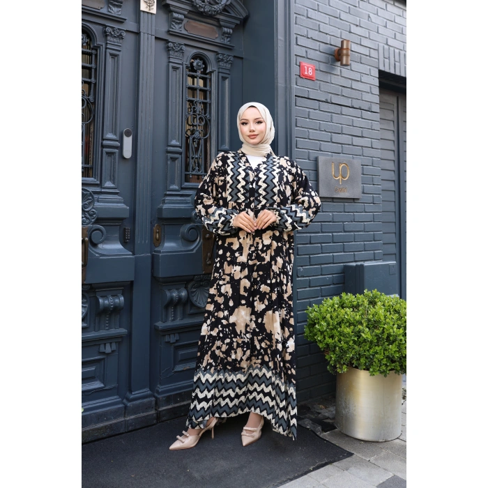 Kadın Siyah %100 Viskon Pamuklu V Yaka Alaçatı Model Kat Kat Elbise V895