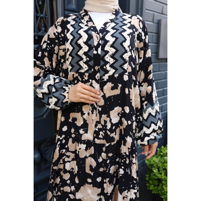 Kadın Siyah %100 Viskon Pamuklu V Yaka Alaçatı Model Kat Kat Elbise V895