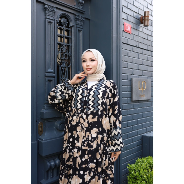 Kadın Siyah %100 Viskon Pamuklu V Yaka Alaçatı Model Kat Kat Elbise V895