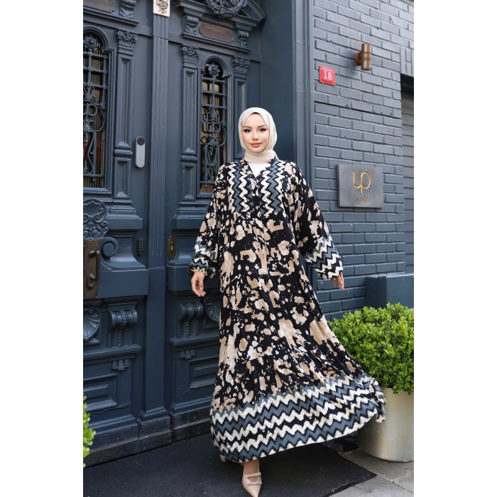 Kadın Siyah %100 Viskon Pamuklu V Yaka Alaçatı Model Kat Kat Elbise V895