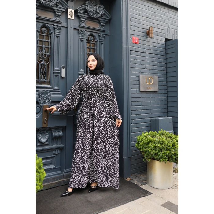 KADIN Siyah %100 Viskon Robalı Salaş Model Kuşaklı Battal Maxi Boy Tesettür Elbise Vbtl3323