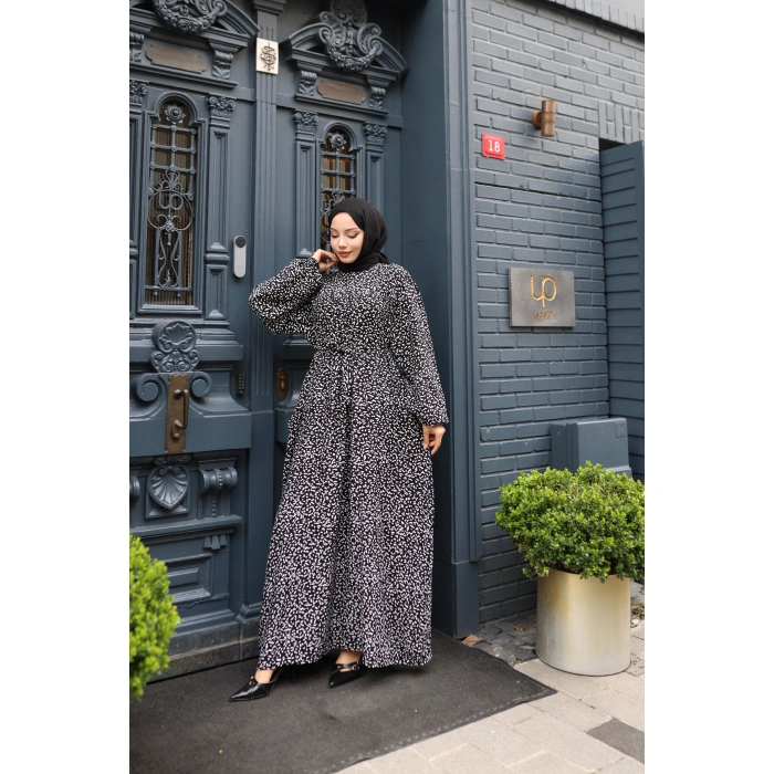 KADIN Siyah %100 Viskon Robalı Salaş Model Kuşaklı Battal Maxi Boy Tesettür Elbise Vbtl3323