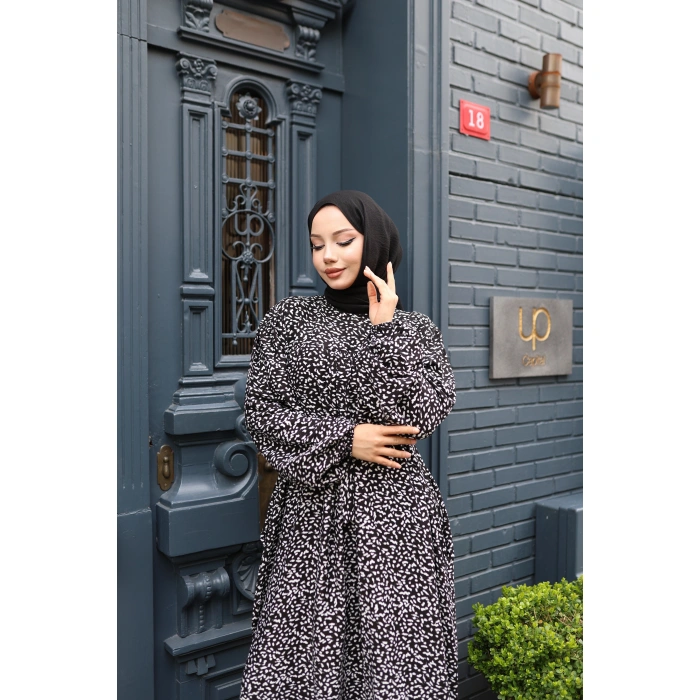 KADIN Siyah %100 Viskon Robalı Salaş Model Kuşaklı Battal Maxi Boy Tesettür Elbise Vbtl3323