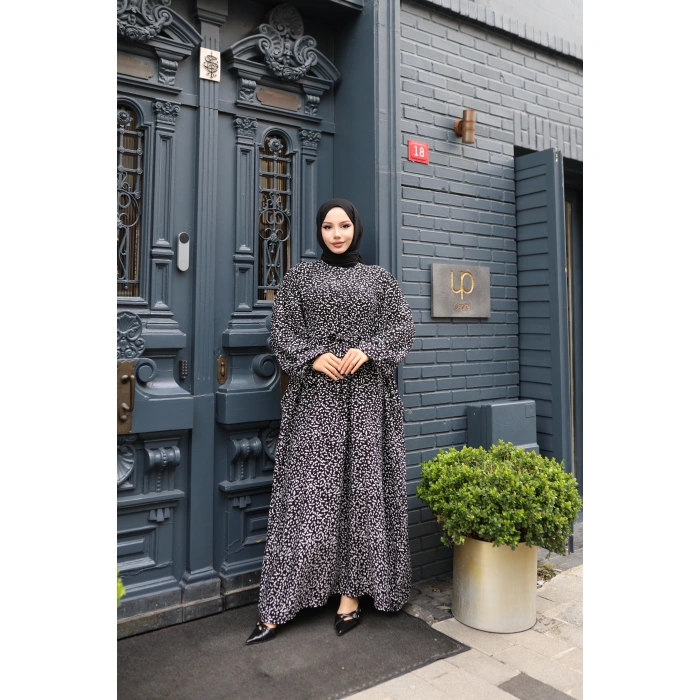 KADIN Siyah %100 Viskon Robalı Salaş Model Kuşaklı Battal Maxi Boy Tesettür Elbise Vbtl3323