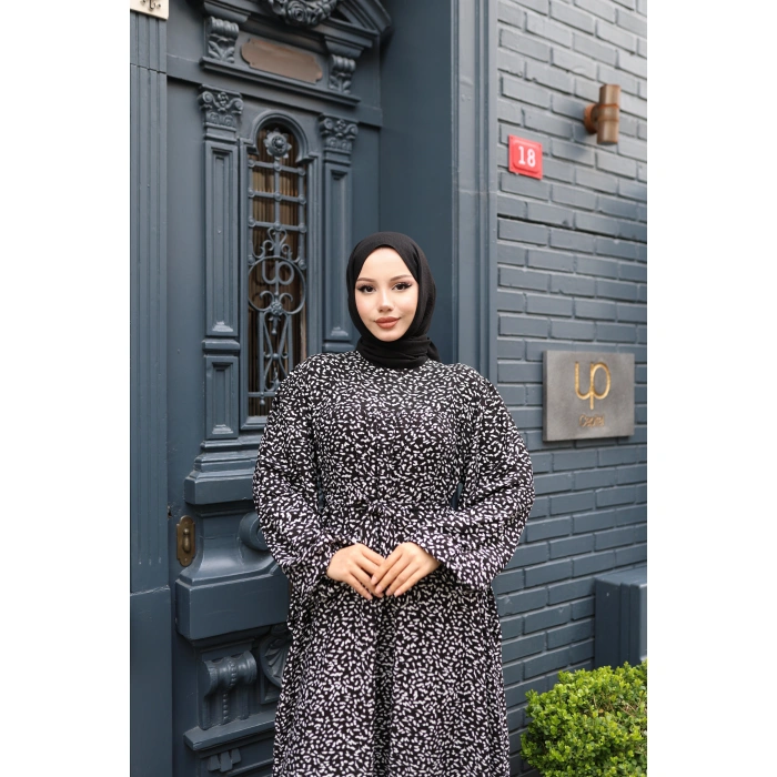 KADIN Siyah %100 Viskon Robalı Salaş Model Kuşaklı Battal Maxi Boy Tesettür Elbise Vbtl3323