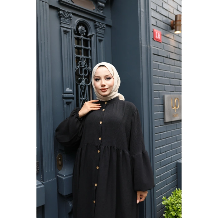 KADIN Siyah Aerobik Bol Kesim - Boydan Düğmeli - Balon Kol Tesettür Elbise Bd1503