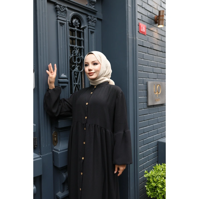 KADIN Siyah Aerobik Bol Kesim - Boydan Düğmeli - Balon Kol Tesettür Elbise Bd1503