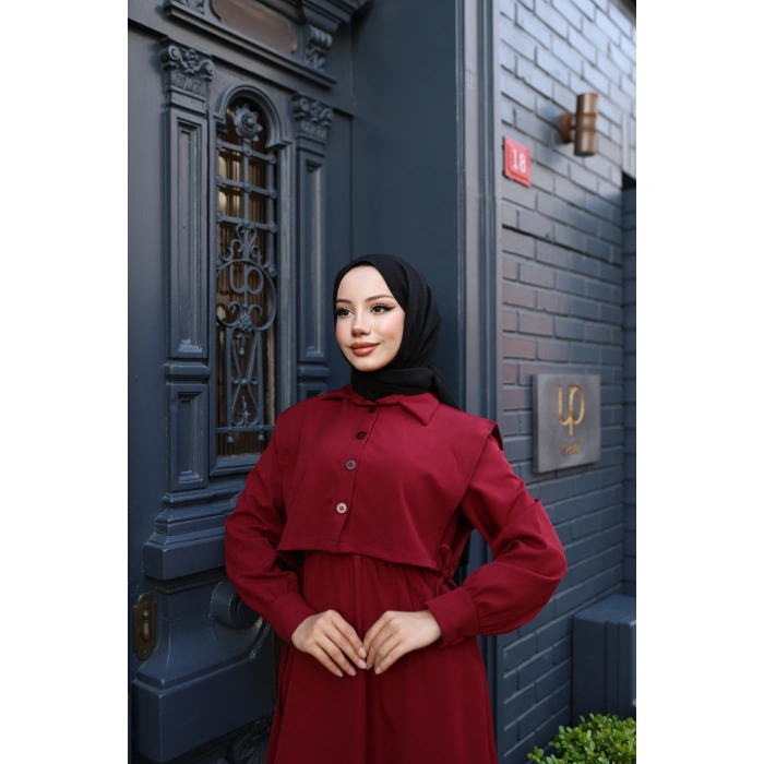 KADIN Bordo Bel Büzgülü-Üst Yelekli Dabıl Krep Takım Tesettür Elbise D001