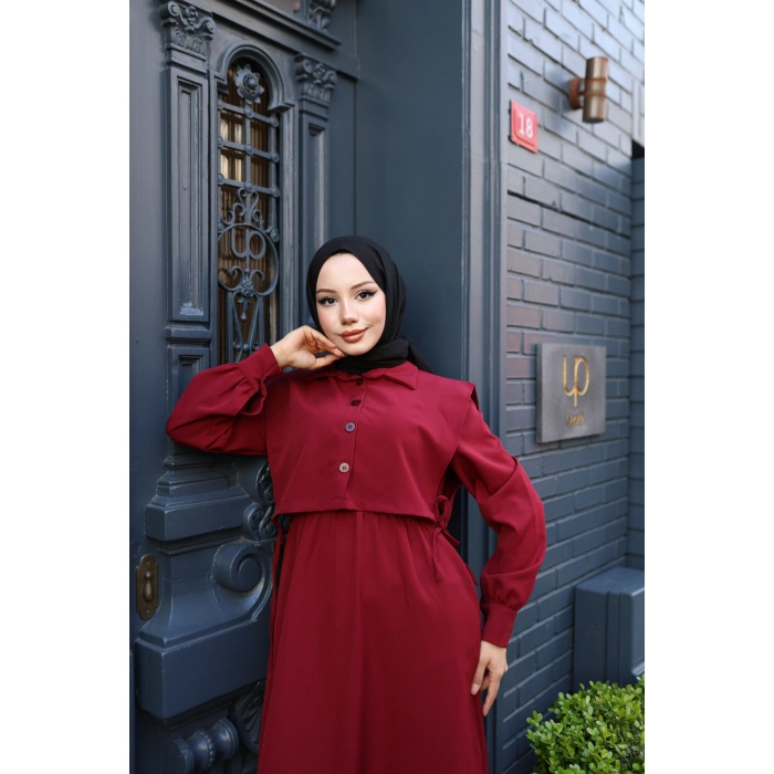 KADIN Bordo Bel Büzgülü-Üst Yelekli Dabıl Krep Takım Tesettür Elbise D001
