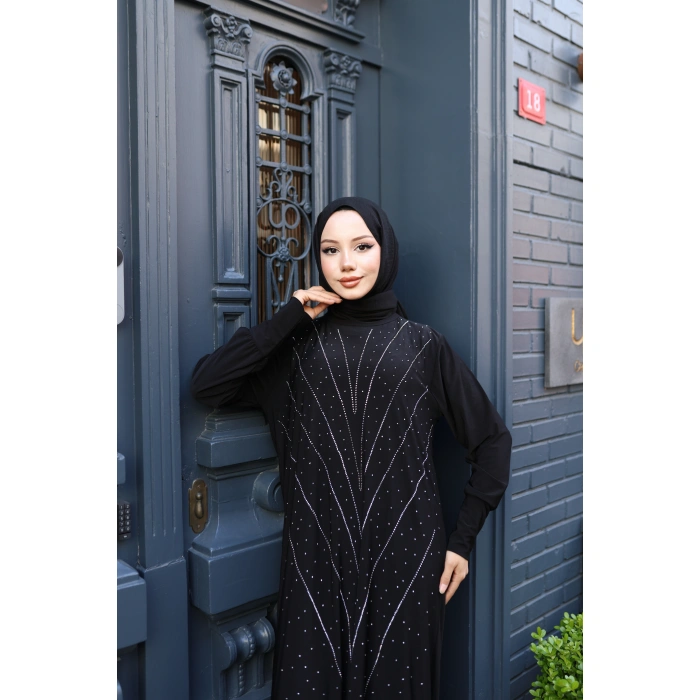 KADIN Siyah Taş Baskı Desen Sandy Kumaş Şık Tesettür Elbise T818