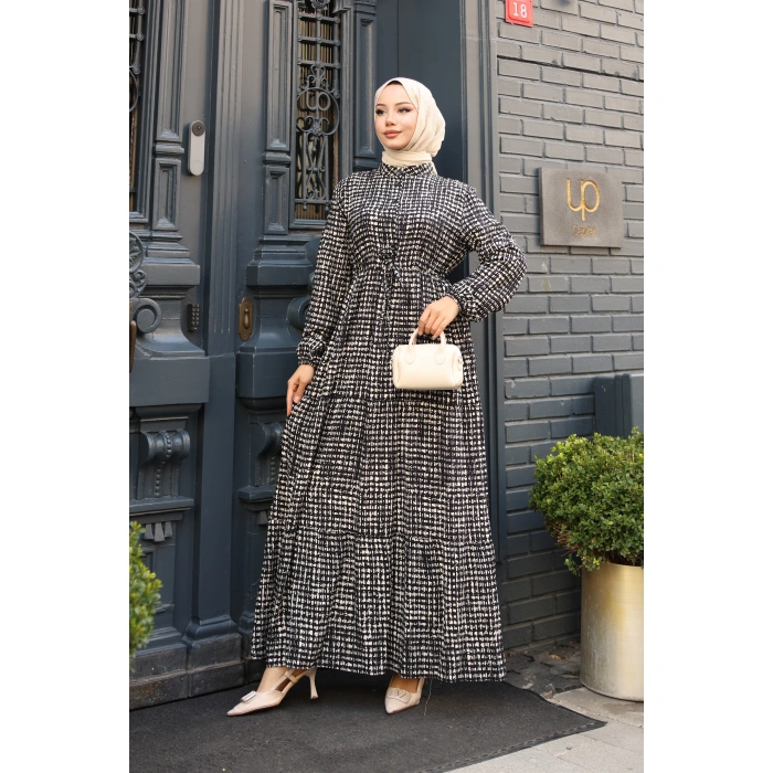 KADIN Siyah Viskon % 100 Pamuklu Belden Bağcıklı Önü Düğmeli Çıtır Kat Kat Tesettür Elbise vs6265