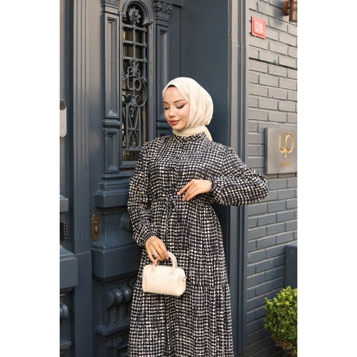 KADIN Siyah Viskon % 100 Pamuklu Belden Bağcıklı Önü Düğmeli Çıtır Kat Kat Tesettür Elbise vs6265