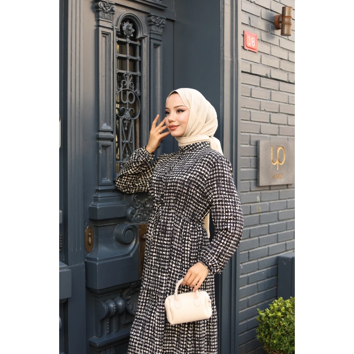 KADIN Siyah Viskon % 100 Pamuklu Belden Bağcıklı Önü Düğmeli Çıtır Kat Kat Tesettür Elbise vs6265