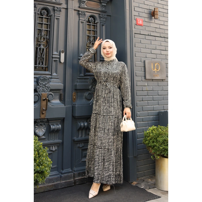 KADIN Siyah Viskon % 100 Pamuklu Belden Bağcıklı Önü Düğmeli Çıtır Kat Kat Tesettür Elbise vs6265