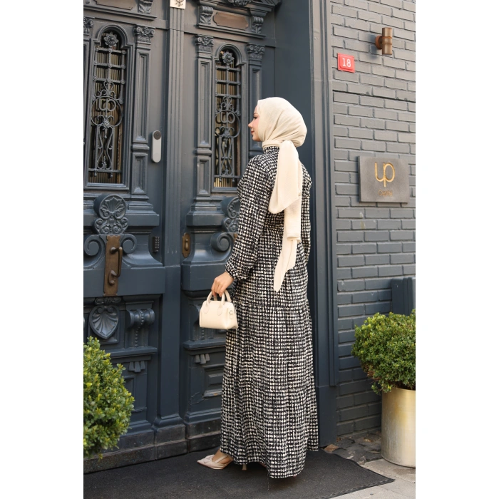 KADIN Siyah Viskon % 100 Pamuklu Belden Bağcıklı Önü Düğmeli Çıtır Kat Kat Tesettür Elbise vs6265