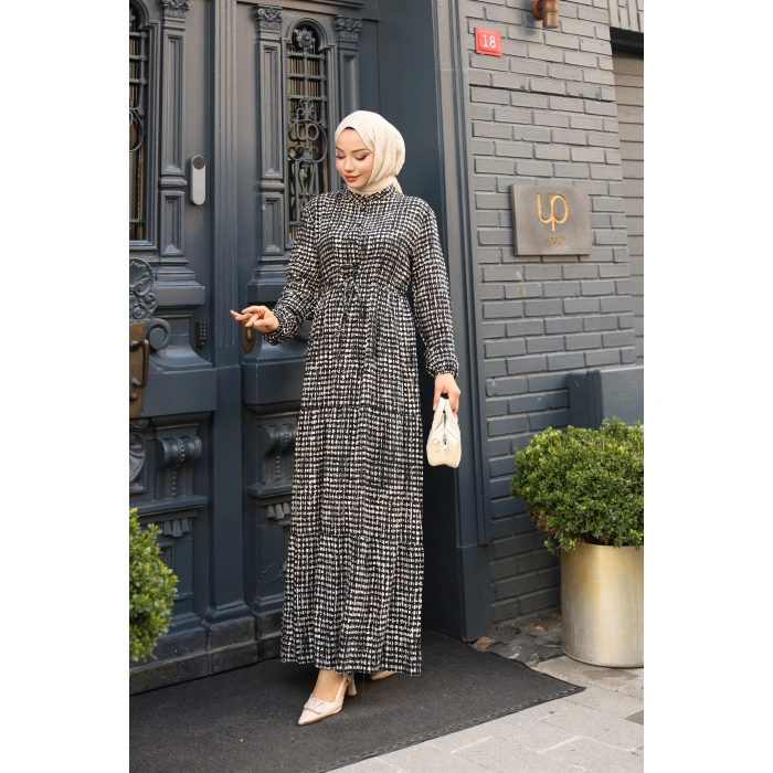 KADIN Siyah Viskon % 100 Pamuklu Belden Bağcıklı Önü Düğmeli Çıtır Kat Kat Tesettür Elbise vs6265