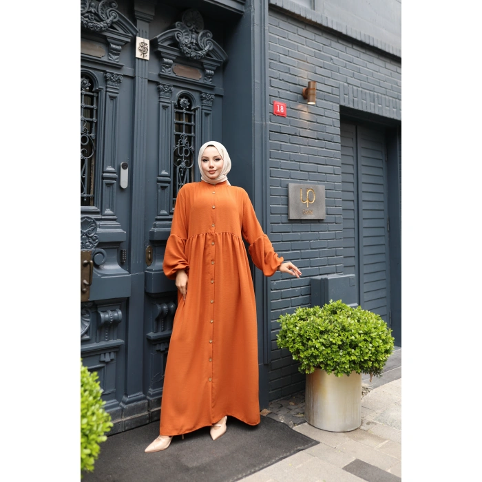 KADIN Turuncu Aerobik Bol Kesim - Boydan Düğmeli - Balon Kol Tesettür Elbise Bd1502