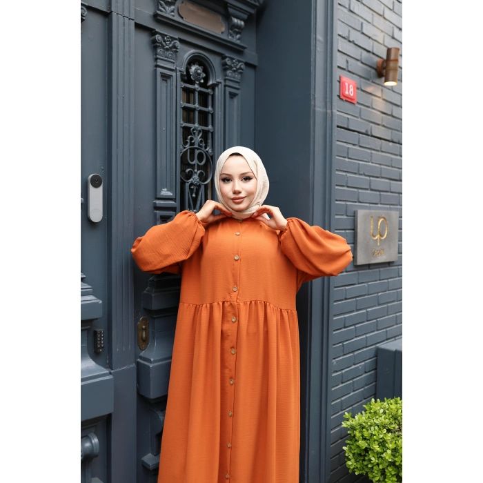 KADIN Turuncu Aerobik Bol Kesim - Boydan Düğmeli - Balon Kol Tesettür Elbise Bd1502