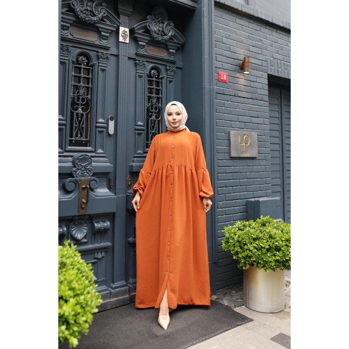 KADIN Turuncu Aerobik Bol Kesim - Boydan Düğmeli - Balon Kol Tesettür Elbise Bd1502