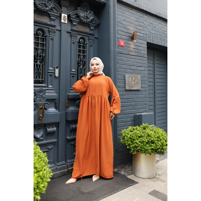 KADIN Turuncu Aerobik Bol Kesim - Boydan Düğmeli - Balon Kol Tesettür Elbise Bd1502