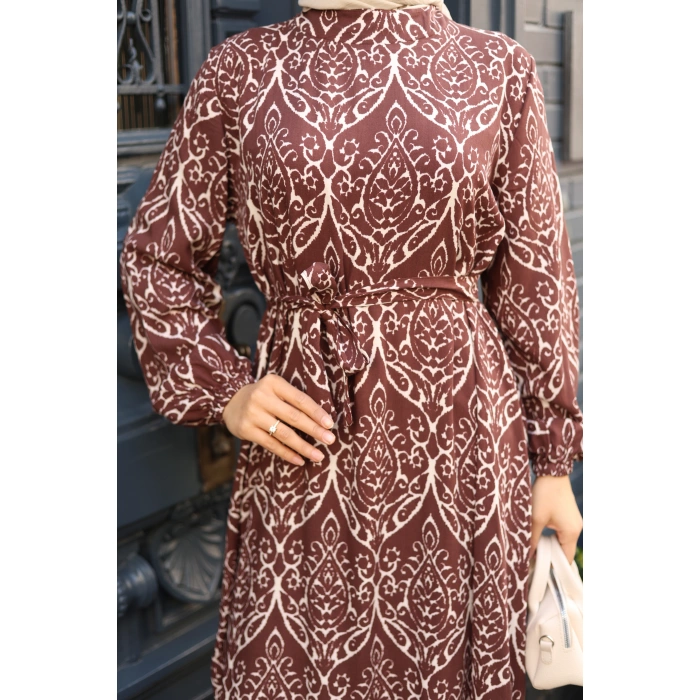 KADIN Viskon % 100 Pamuklu Osmanlı Desen C Yaka Eteği Fırfırlı Belden Kuşaklı Tesettür Elbise 2734