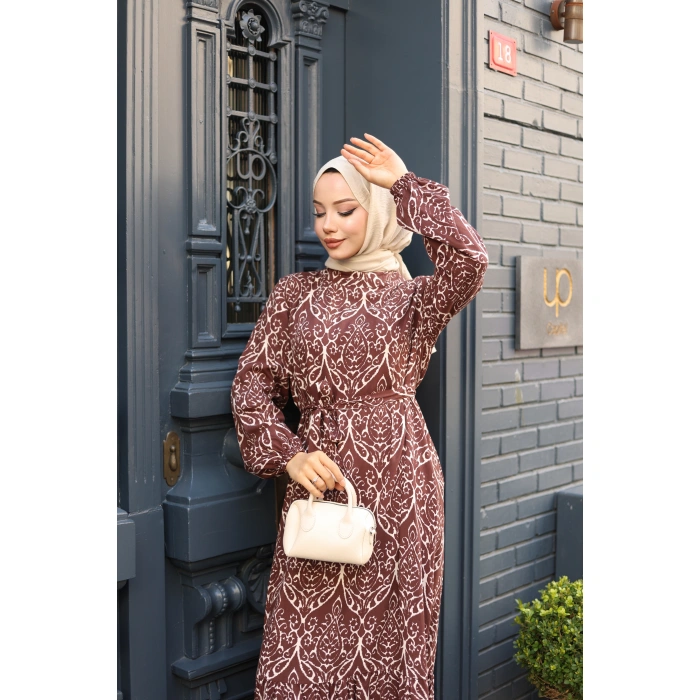 KADIN Viskon % 100 Pamuklu Osmanlı Desen C Yaka Eteği Fırfırlı Belden Kuşaklı Tesettür Elbise 2734