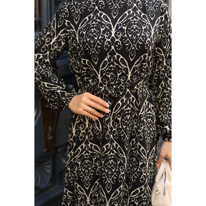 KADIN Viskon % 100 Pamuklu Osmanlı Desen C Yaka Eteği Fırfırlı Belden Kuşaklı Tesettür Elbise 2735