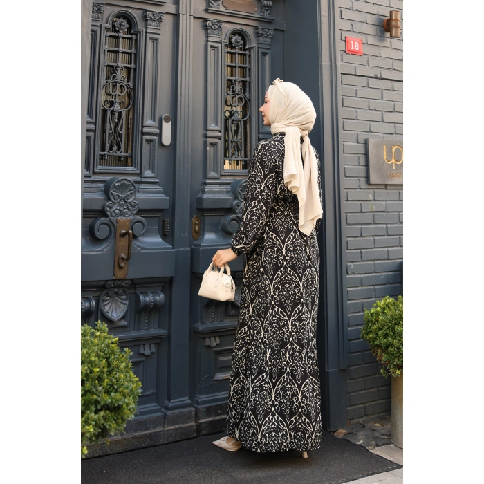 KADIN Viskon % 100 Pamuklu Osmanlı Desen C Yaka Eteği Fırfırlı Belden Kuşaklı Tesettür Elbise 2735