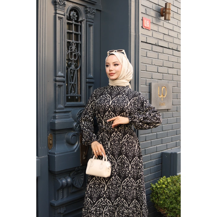 KADIN Viskon % 100 Pamuklu Osmanlı Desen C Yaka Eteği Fırfırlı Belden Kuşaklı Tesettür Elbise 2735
