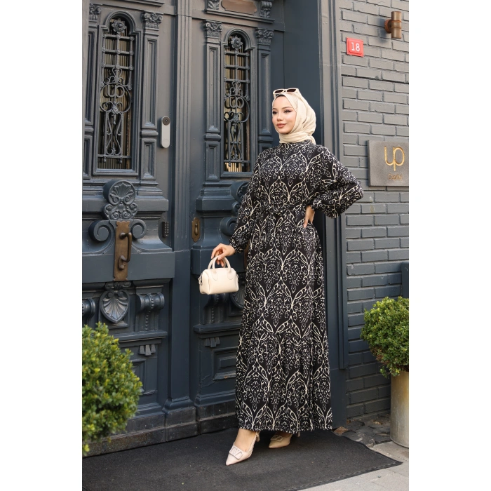 KADIN Viskon % 100 Pamuklu Osmanlı Desen C Yaka Eteği Fırfırlı Belden Kuşaklı Tesettür Elbise 2735