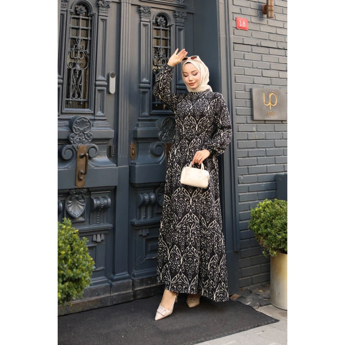 KADIN Viskon % 100 Pamuklu Osmanlı Desen C Yaka Eteği Fırfırlı Belden Kuşaklı Tesettür Elbise 2735