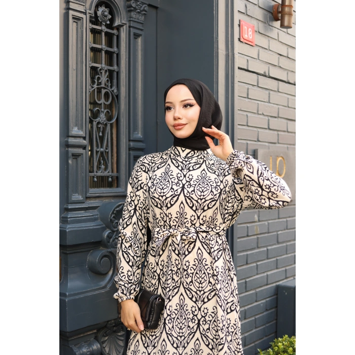 KADIN Viskon % 100 Pamuklu Osmanlı Desen C Yaka Eteği Fırfırlı Belden Kuşaklı Tesettür Elbise 2736