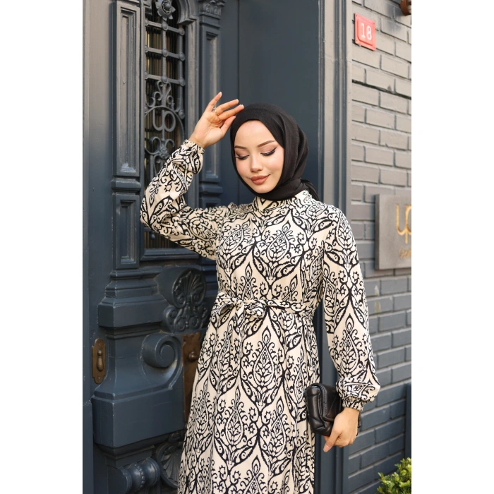 KADIN Viskon % 100 Pamuklu Osmanlı Desen C Yaka Eteği Fırfırlı Belden Kuşaklı Tesettür Elbise 2736