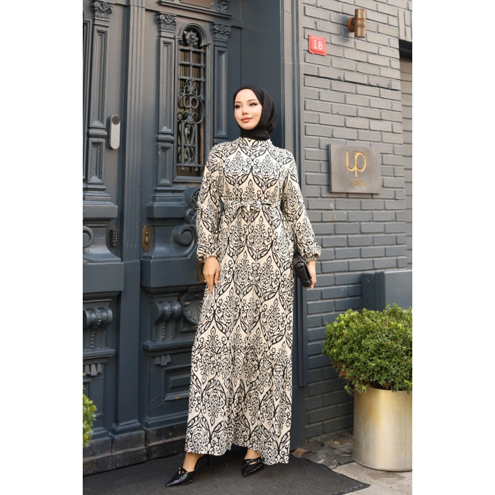 KADIN Viskon % 100 Pamuklu Osmanlı Desen C Yaka Eteği Fırfırlı Belden Kuşaklı Tesettür Elbise 2736