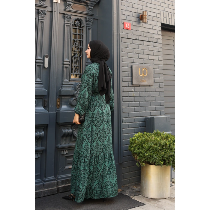 KADIN Viskon % 100 Pamuklu Osmanlı Desen C Yaka Eteği Fırfırlı Belden Kuşaklı Tesettür Elbise 2737