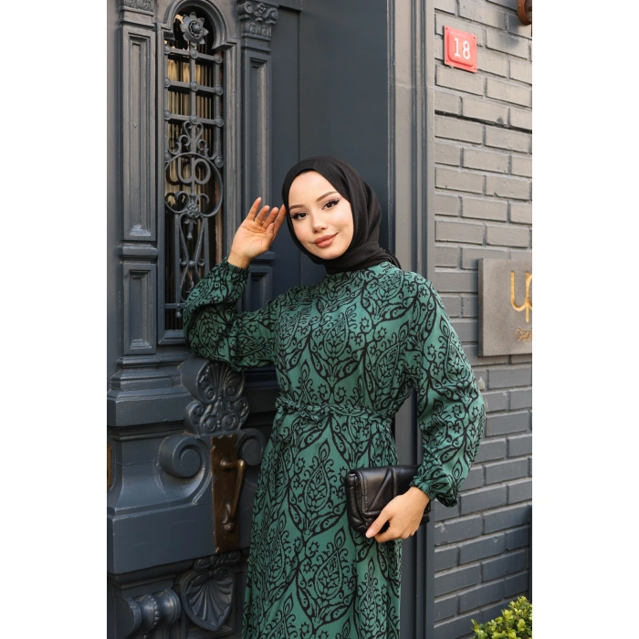 KADIN Viskon % 100 Pamuklu Osmanlı Desen C Yaka Eteği Fırfırlı Belden Kuşaklı Tesettür Elbise 2737