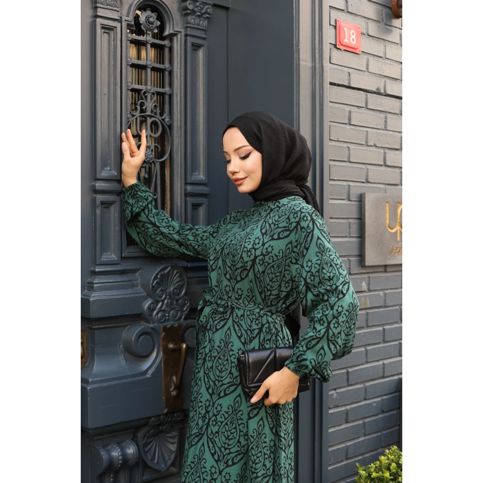 KADIN Viskon % 100 Pamuklu Osmanlı Desen C Yaka Eteği Fırfırlı Belden Kuşaklı Tesettür Elbise 2737