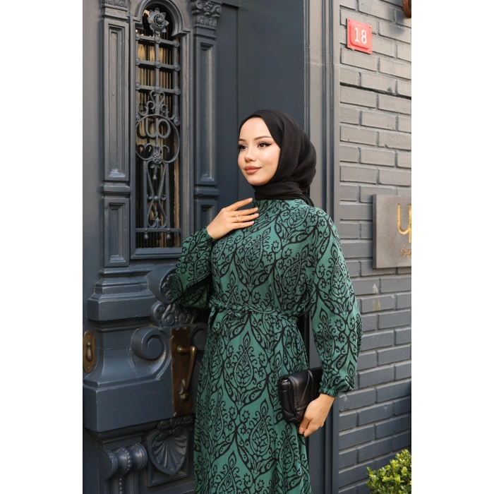 KADIN Viskon % 100 Pamuklu Osmanlı Desen C Yaka Eteği Fırfırlı Belden Kuşaklı Tesettür Elbise 2737