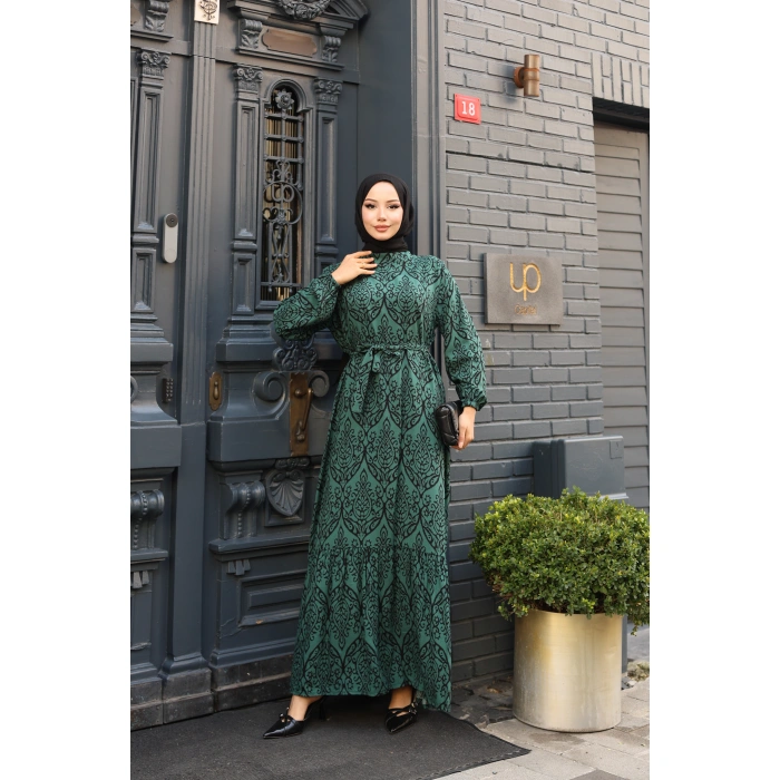 KADIN Viskon % 100 Pamuklu Osmanlı Desen C Yaka Eteği Fırfırlı Belden Kuşaklı Tesettür Elbise 2737