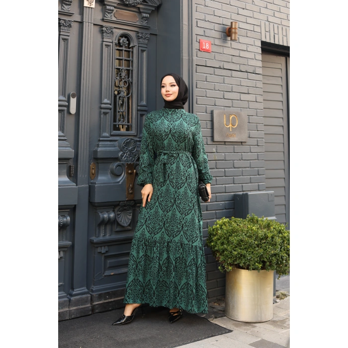 KADIN Viskon % 100 Pamuklu Osmanlı Desen C Yaka Eteği Fırfırlı Belden Kuşaklı Tesettür Elbise 2737