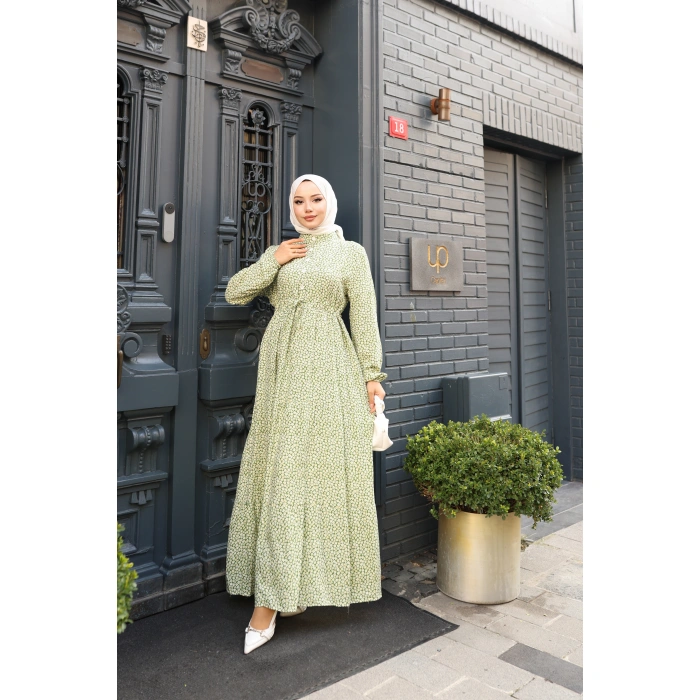 KADIN Yeşil %100 Viskon Pamuklu Belden Bağlamalı Çiçek Desen Kat Kat Elbise sc5659