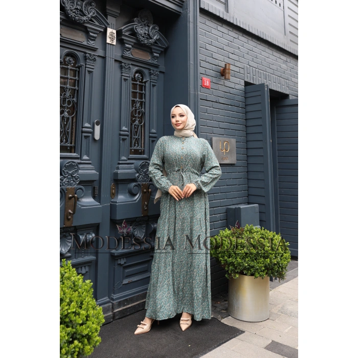 KADIN Yeşil %100 Viskon Pamuklu Belden Bağlamalı Çiçek Desen Kat Kat Elbise V9538