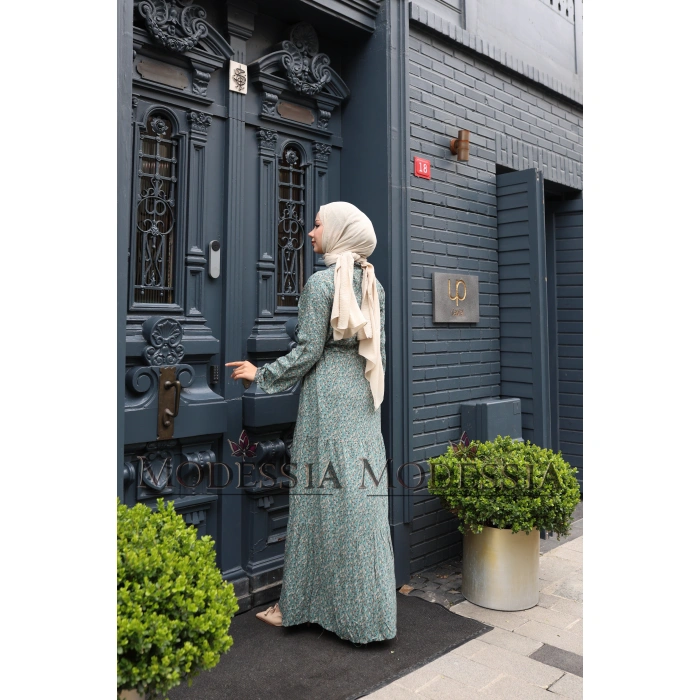 KADIN Yeşil %100 Viskon Pamuklu Belden Bağlamalı Çiçek Desen Kat Kat Elbise V9538